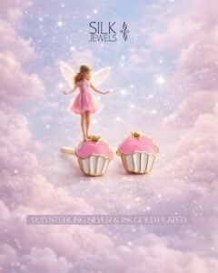 Pink cupcake earrings with fairy figurine, sterling silver jewelry for women and kids.