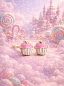 Pink cupcake earrings with gold accents, perfect for women and teens.