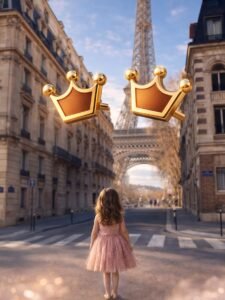 Girl in pink dress with floating gold crowns in front of the Eiffel Tower.