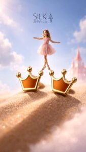 Woman balancing on crown-shaped jewelry pieces in a dreamy, fairy-tale setting.