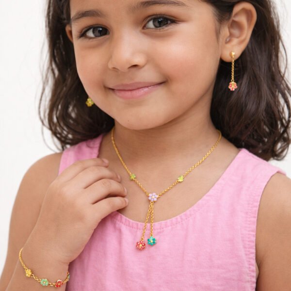 Crafted in 925 sterling silver, this set is gentle on sensitive skin, lightweight, and comfortable for all-day wear. The blooming flower design symbolizes joy, growth, and happiness — just like your little one