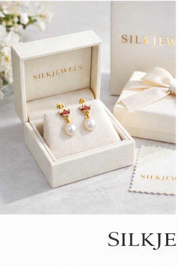 Delicate pearl crown earrings with gold accents, perfect for girls and kids, crafted in high-quality.