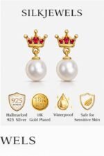 Delicate pearl earrings with gold-plated crown design, perfect for children and teens, crafted in 92.