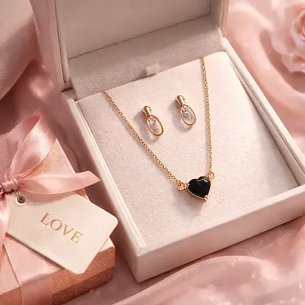 Sterling silver jewelry set with a heart pendant and matching earrings in a gift box.