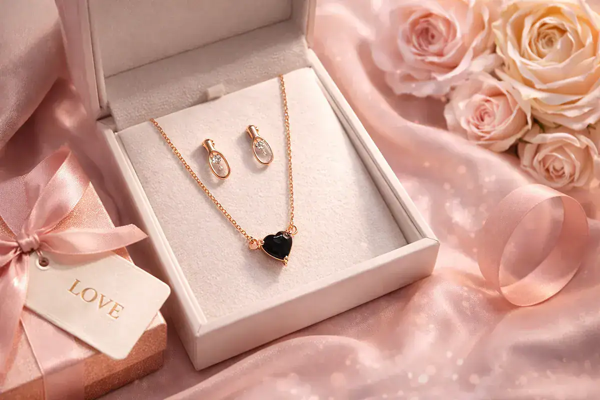 Sterling silver jewelry set with a heart pendant and matching earrings in a gift box.