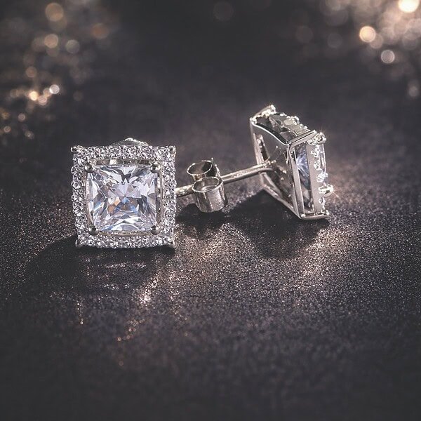 Sterling silver square stud earrings with cubic zirconia for women and teens.