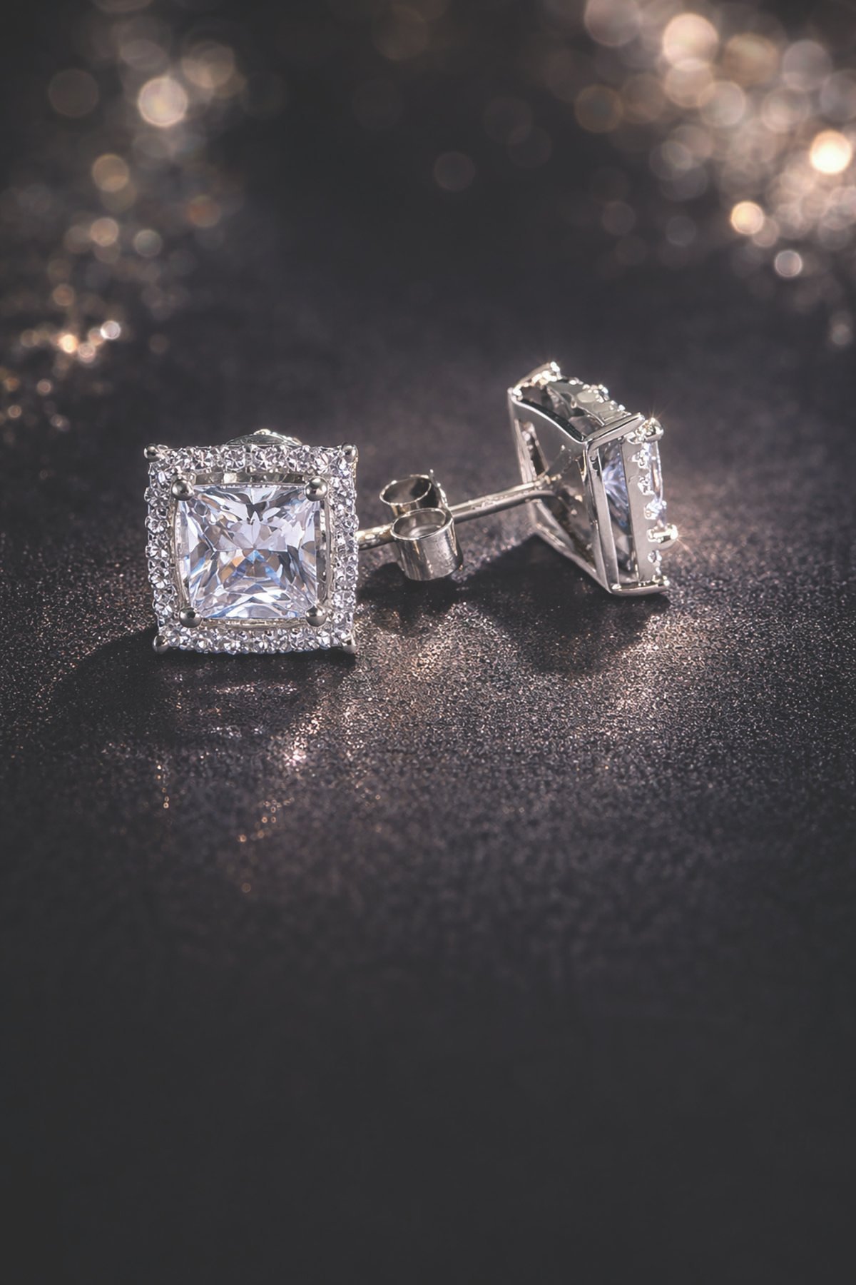 Sterling silver square stud earrings with cubic zirconia for women and teens.